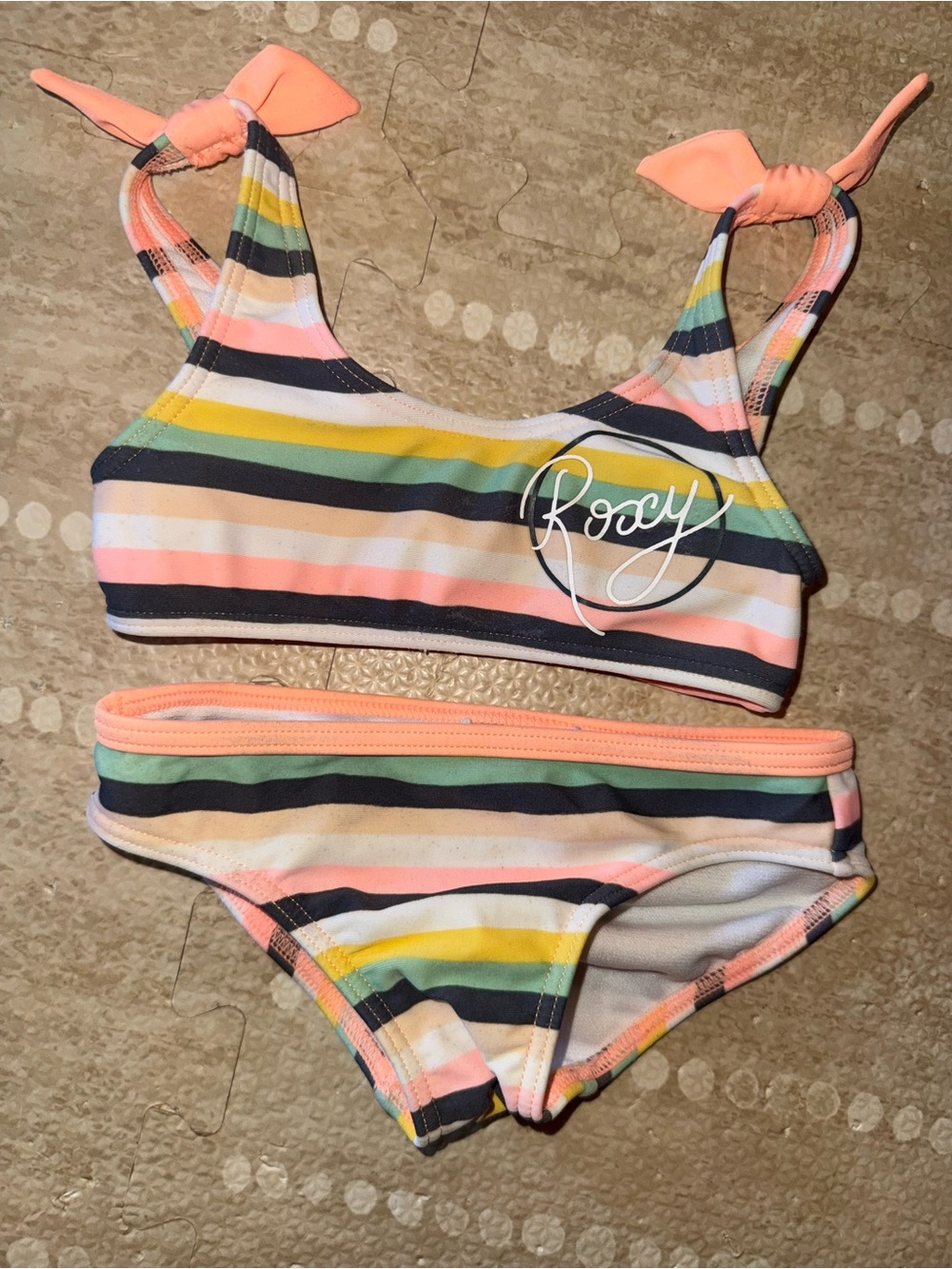 Roxy Girls' Coral, Yellow & Navy Striped Two-Piece Swim Set